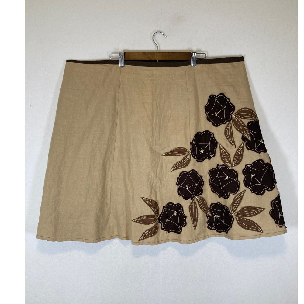 Boho‎ Artsy Bon Bon Women Plus Size Tan Brown Floral Applique Linen A-Line Skirt